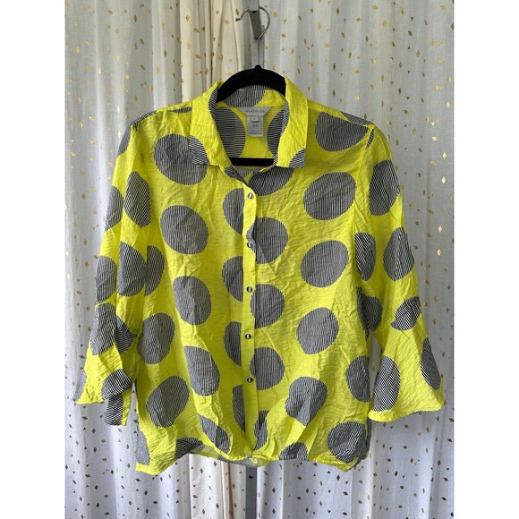 Multiples In The Round Geometric Front Gather Bell Sleeve Button Down Shirt S - Picture 2 of 7